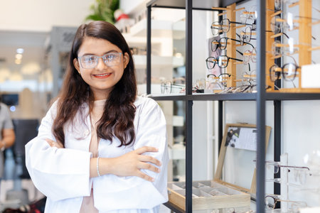 portrait Indian woman arm crossed professional optician selling. Female optician accessory...