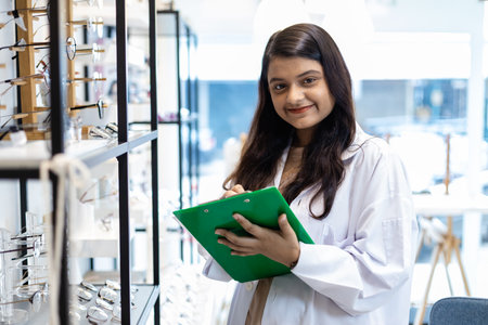Indian woman professional optician selling checking details of glasses and take note on clipboard in optical shop. Female optician accessory eyeglasses shop.の写真素材