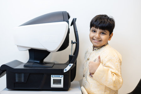 Happy Indian child boy examining eyesight modern ophthalmology equipment  in clinic. Patient kid male scan checkup iris examines ophthalmological hospital.の写真素材