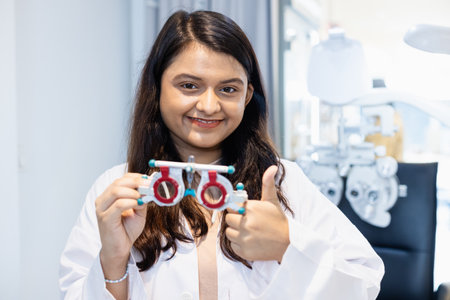 Indian female doctor optometrist showing eye test glasses. Eyesight modern ophthalmology in clinic. measurement check shortness of sight or farsightedness.の写真素材