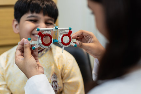 Happy Indian child boy with women eye specialist examining eyesight modern ophthalmology equipment in clinic. Patient kid male checkup iris examines ophthalmological hospital. measure eyeglasses.の写真素材
