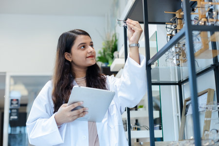 Indian woman professional optician selling holding spectacles use a tablet check quality in shop. Female optician accessory eyeglasses shop. sale equipment eyewear fashion customer.の写真素材