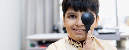 Happy Indian child boy examining eyesight modern ophthalmology equipment in clinic. Patient kid male checkup iris examines ophthalmological hospital.の写真素材