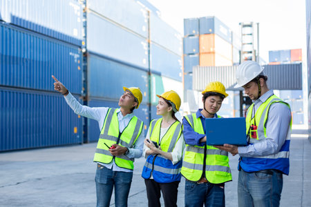 Teamwork engineer technician and foreman and partner wearing safety helmet in cargo container...
