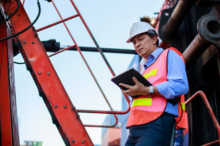 Asian foreman using tablet control loading containers box in cargo for import export, Professional...
