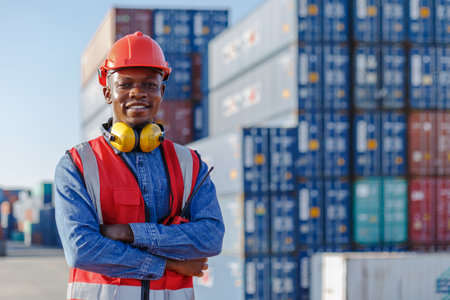 Black male African American smiling engineering in uniform wear hard hat standing containers yard. Area logistics import export and shipping.の写真素材