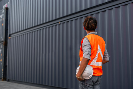 portrait of asian man smiling engineering in uniform holding hardhat standing containers yard. Area...