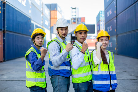 Engineer teamwork hand up at container cargo. team of engineering successful projects. export logistics transportation. teamwork success concept.の写真素材