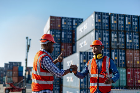 foreman container handshake partnership connection at logistic transport loading control. business terminal port male agreement teamwork.の写真素材