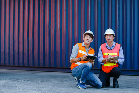 Teamwork engineer foreman, Asian foreman holding clipboard and tablet control loading cargo ship import export, Container terminal cargo. Officers working in container import company.の写真素材