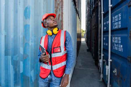 Male African American person foreman holding tablet standing containers loading. Industrial...