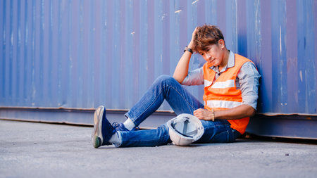 male engineering of containers in shipping logistic company sitting unhappy stressed after being laid off. Employees working in a container shipping company sit stressed and tired from work.の写真素材