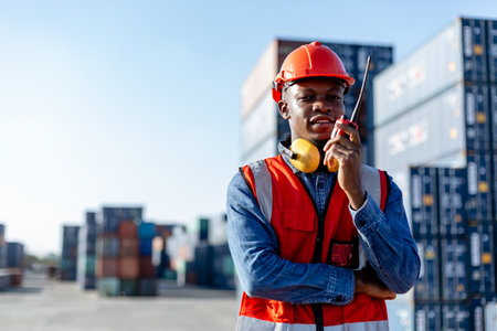 Black male african american engineering in uniform walkie talkie checking containers loading. Area logistics import export and shipping.の写真素材
