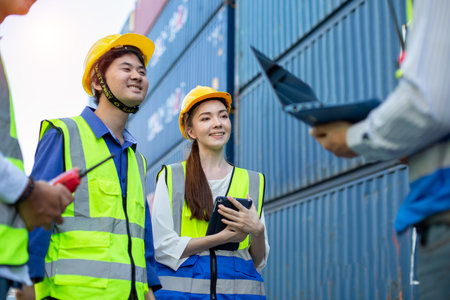 Teamwork engineer technician and foreman and partner wearing safety helmet in cargo container...