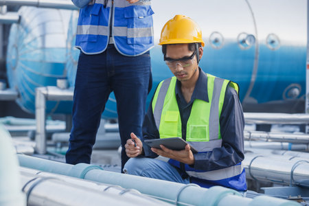 Team engineer holding tablet working at rooftop building construction. Male technician worker...