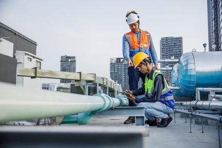 Asian man engineer holding tablet working at rooftop building construction. Male technician worker working checking hvac of office building. Engineering installing large air conditioning system.の写真素材