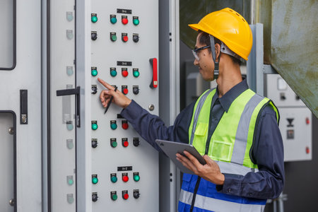 Electrical engineer man using tablet checks switchboard main Distribution Boards control panel electric factory building. Male Industrial technician worker working power distribution room.の写真素材
