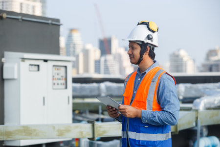 Asian man engineer holding tablet working at rooftop building construction. Male technician worker working checking hvac of office building. Engineering installing large air conditioning system.の写真素材