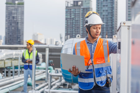 Man engineer holding laptop working at rooftop building construction. Male technician worker working...