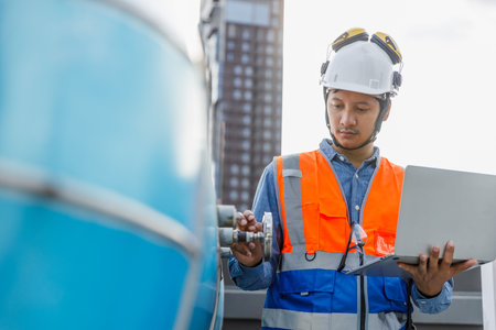 Asian man engineer using laptop checking valve working at rooftop building construction. Technician worker working checking hvac of office building. Engineering installing large conditioning system.の写真素材