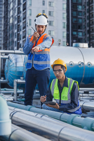 Asian man engineer holding tablet working at rooftop building construction. Male technician worker working checking hvac of office building. Engineering installing large air conditioning system.の写真素材
