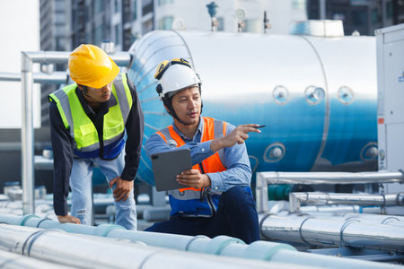 Team engineer holding tablet working at rooftop building construction. Male technician worker working checking hvac of office building. Engineering installing large air conditioning system.の写真素材