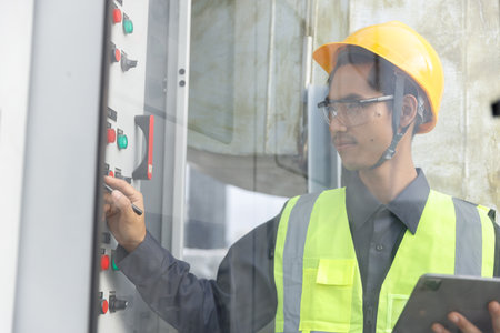 Electrical engineer man using tablet checks switchboard main Distribution Boards control panel electric factory building. Male Industrial technician worker working power distribution room.の写真素材