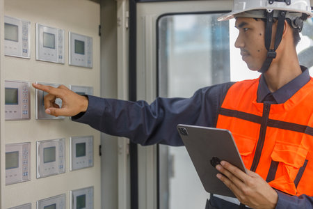 Operational level employees engineer using tablet checks control system large air condition at rooftop building factory. Technician worker working hvac.の写真素材