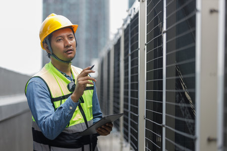 Man engineer using tablet working at rooftop building construction. Male technician worker working checking HVAC of office building. Engineering installing large air conditioning system.の写真素材
