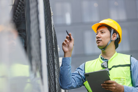 Man engineer using tablet working at rooftop building construction. Male technician worker working...