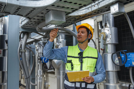 Male operator worker holding paperwork checking write record quality cooling air piping HVAC system at industrial building. Man engineer working on Heating Ventilation Air conditioning system.の写真素材