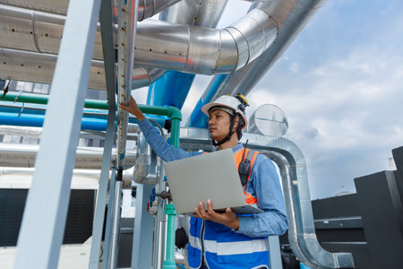 Man Industrial engineer with walkie talkie pointing work at rooftop construction. Male technician...