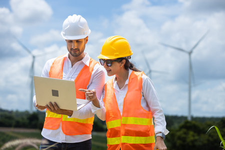 man and women engineer worker wind turbine handshake success agreement survey discuss operational planning. Windmill field clean energy sustainable clean. engineering nature power alternative.の写真素材