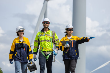 Engineer wearing safety uniform discussed plan about renewable energy at station energy power wind...