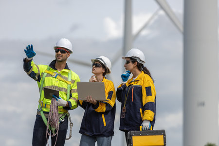 Engineer wearing safety uniform using tablet discussed plan about renewable energy at station energy power wind turbine. technology protect environment reduce global warming problems.の写真素材