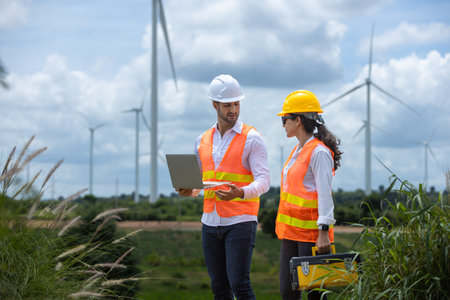 man and women engineer worker wind turbine handshake success agreement survey discuss operational...