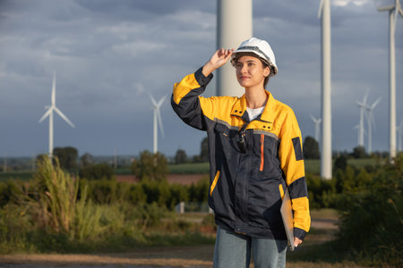 Female engineer wind turbine worker survey operational planning windmill clean renewable energy technology for future. Alternative technology protect environment reduce global warming problems.の写真素材