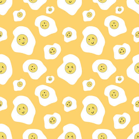 Seamless background pattern with fried egg cartoon characters on yellow background.のイラスト素材