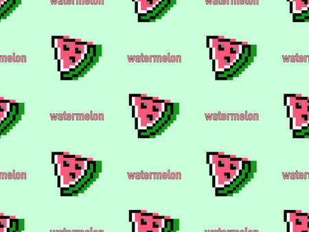 Watermelon cartoon character seamless pattern on green background.Pixel styleのイラスト素材
