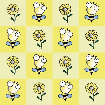 bee and flower cartoon characters on yellow backgroundのイラスト素材