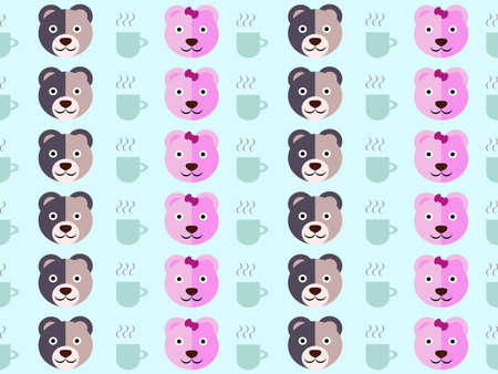 Brown and pink bear cartoon character pattern on blue background.のイラスト素材