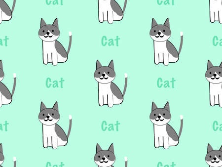seamless pattern cartoon cat character on green backgroundのイラスト素材