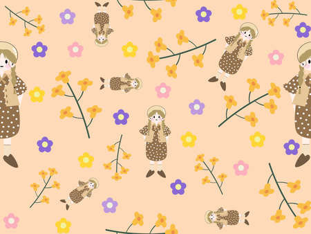 girl and flower cartoon character seamless pattern on orange backgroundのイラスト素材