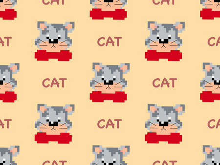 Cat cartoon character seamless pattern on orange background. Pixel styleのイラスト素材