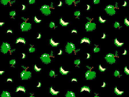green apple cartoon character seamless pattern on black backgroundのイラスト素材