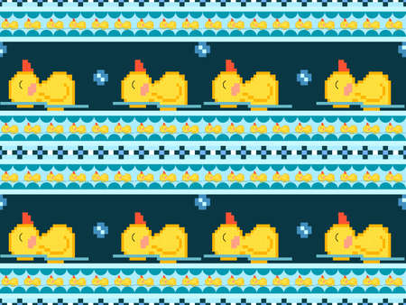 Duck cartoon character seamless pattern on blue background.Pixel styleのイラスト素材