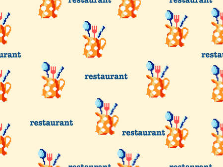 spoon and fork cartoon character seamless pattern on orange background.Pixel style