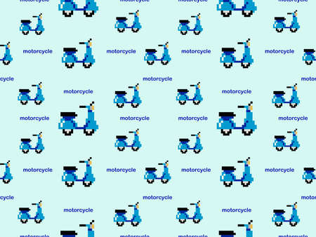 Motorcycle cartoon character seamless pattern on blue background.Pixel style
