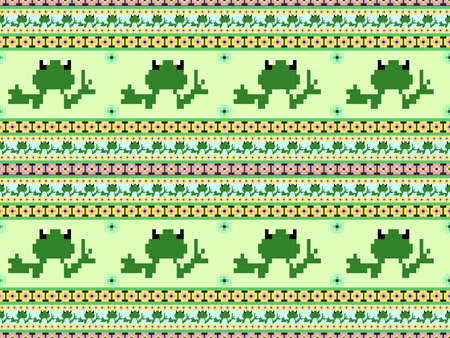 Frog cartoon character seamless pattern on green background.Pixel styleのイラスト素材