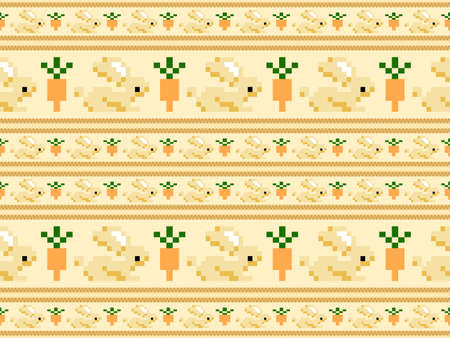 Rabbit and carrot cartoon character seamless pattern on yellow background.Pixel styleのイラスト素材